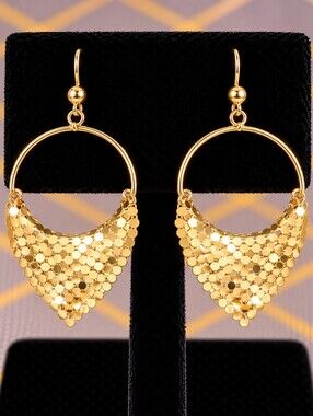 22kgp Dubai Jewelry Gold Hoop Drop Earrings with Textured Fan Accent